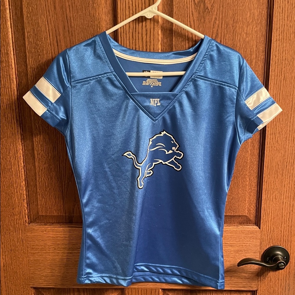 NFL Detroit Lions Women's V-Neck Jersey Tee - Light Blue & White